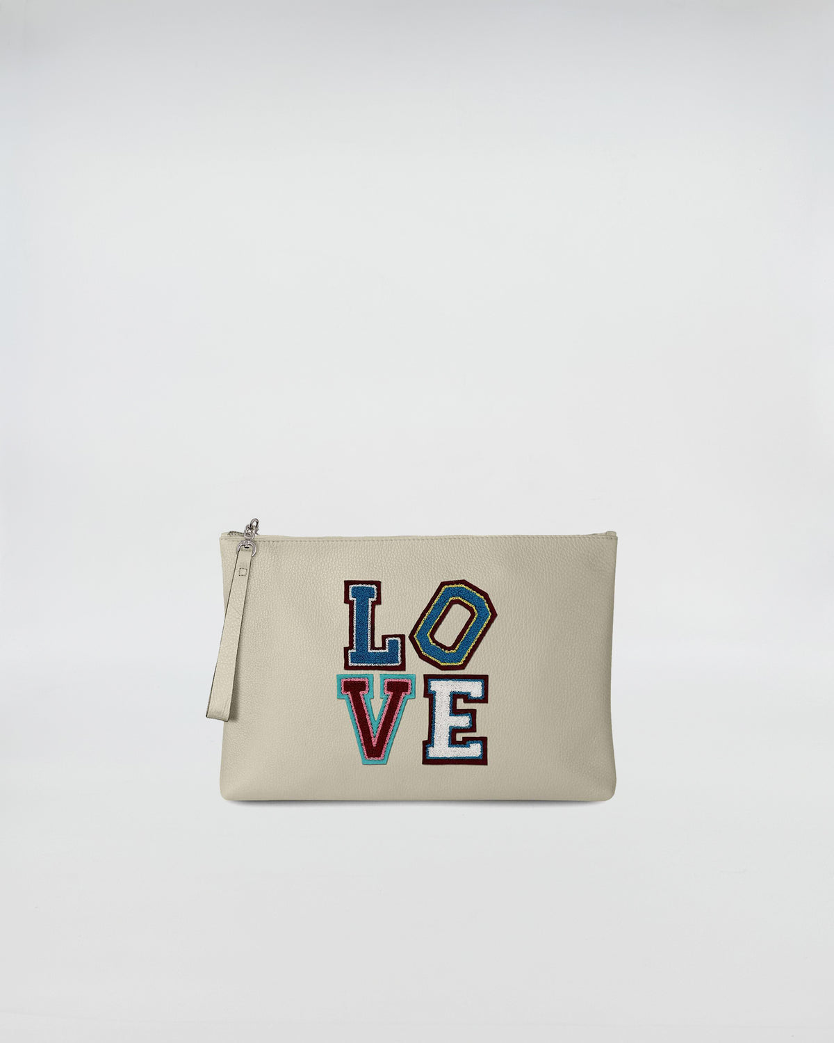 BUSTA A4 LOVE minimal pouch featuring colorful LOVE patch and zip closure for stylish practicality.