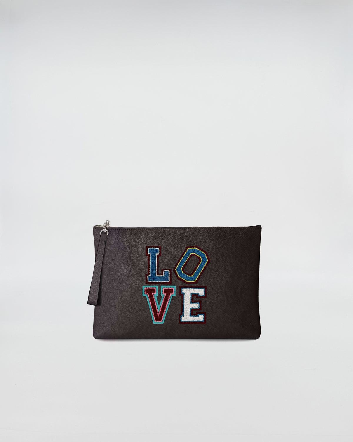 BUSTA A4 LOVE clutch bag featuring colorful LOVE patch on a sleek black design.