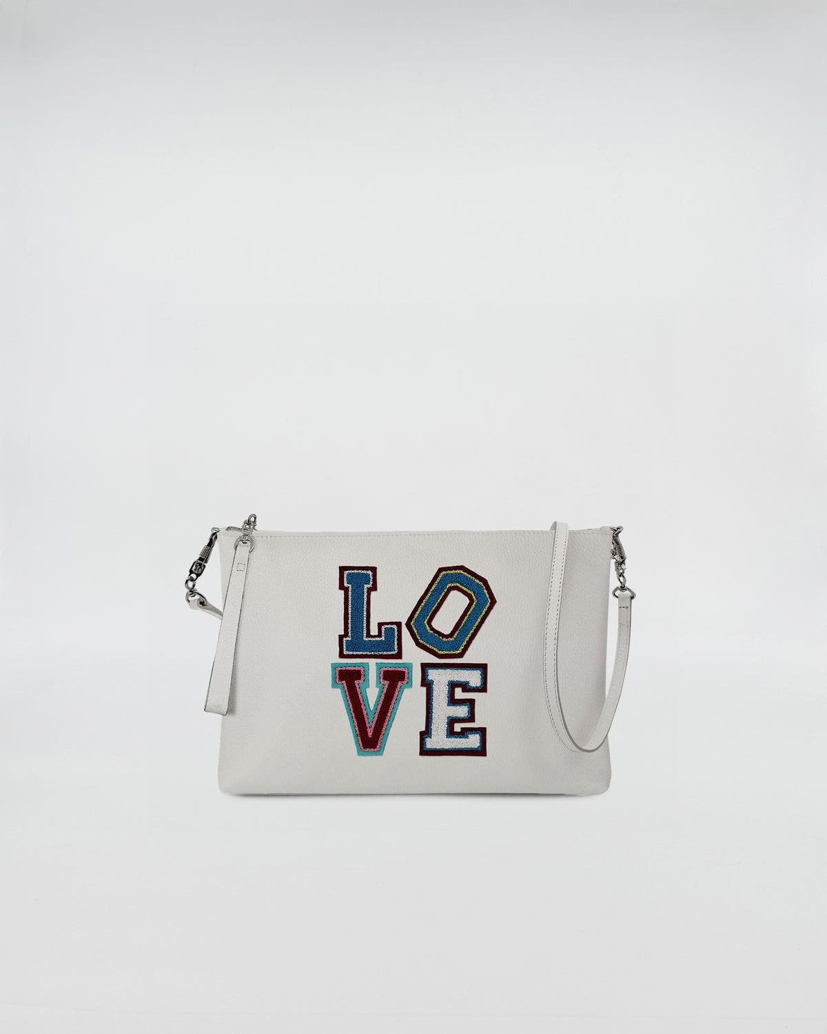 BUSTA A4 CON TRL LOVE in white leather with colorful LOVE patch and removable shoulder strap.
