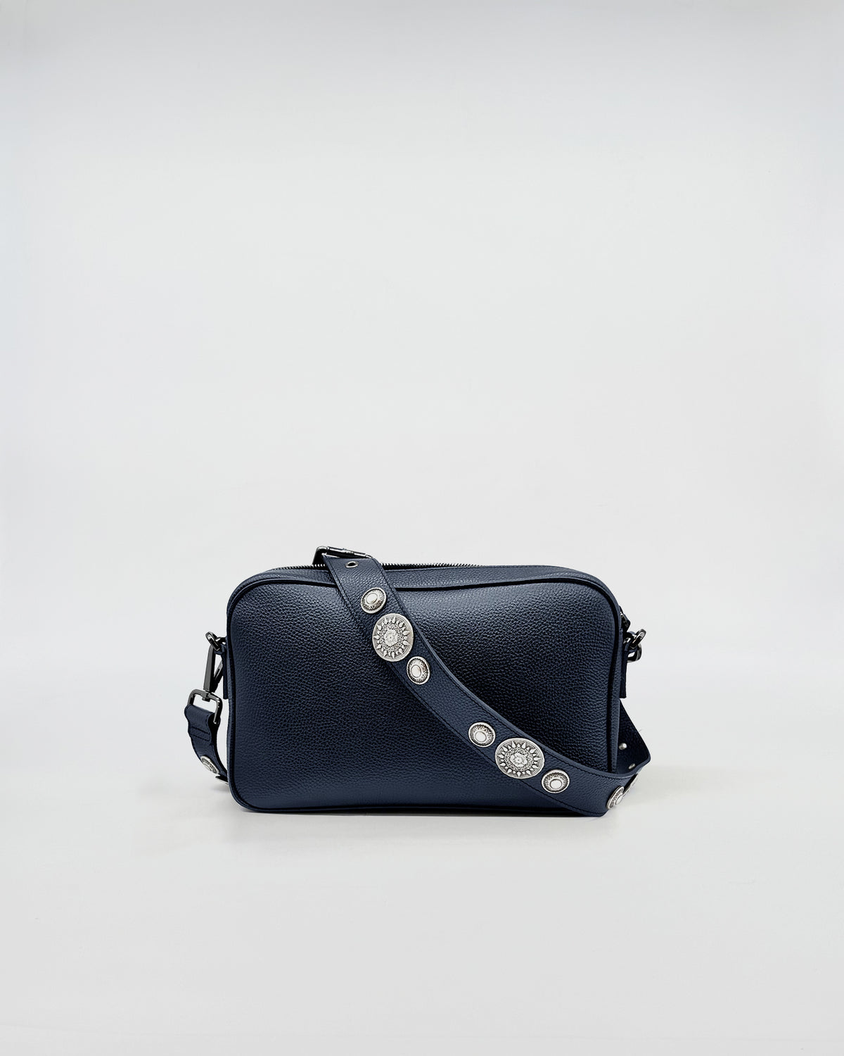 MAFALDONA ROCK handbag in navy with a studded adjustable strap, perfect for any occasion.