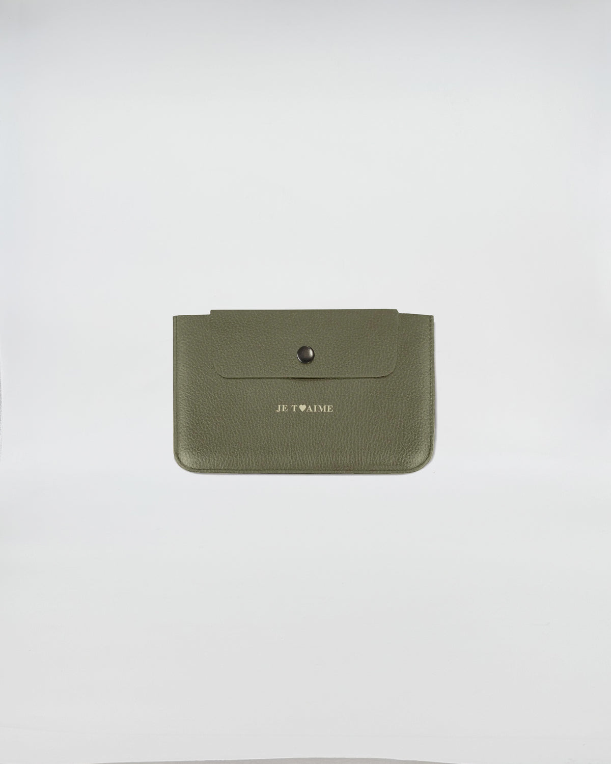 Porta documenti JE T’AIME in colore verde, elegante e versatile per documenti e trucchi.