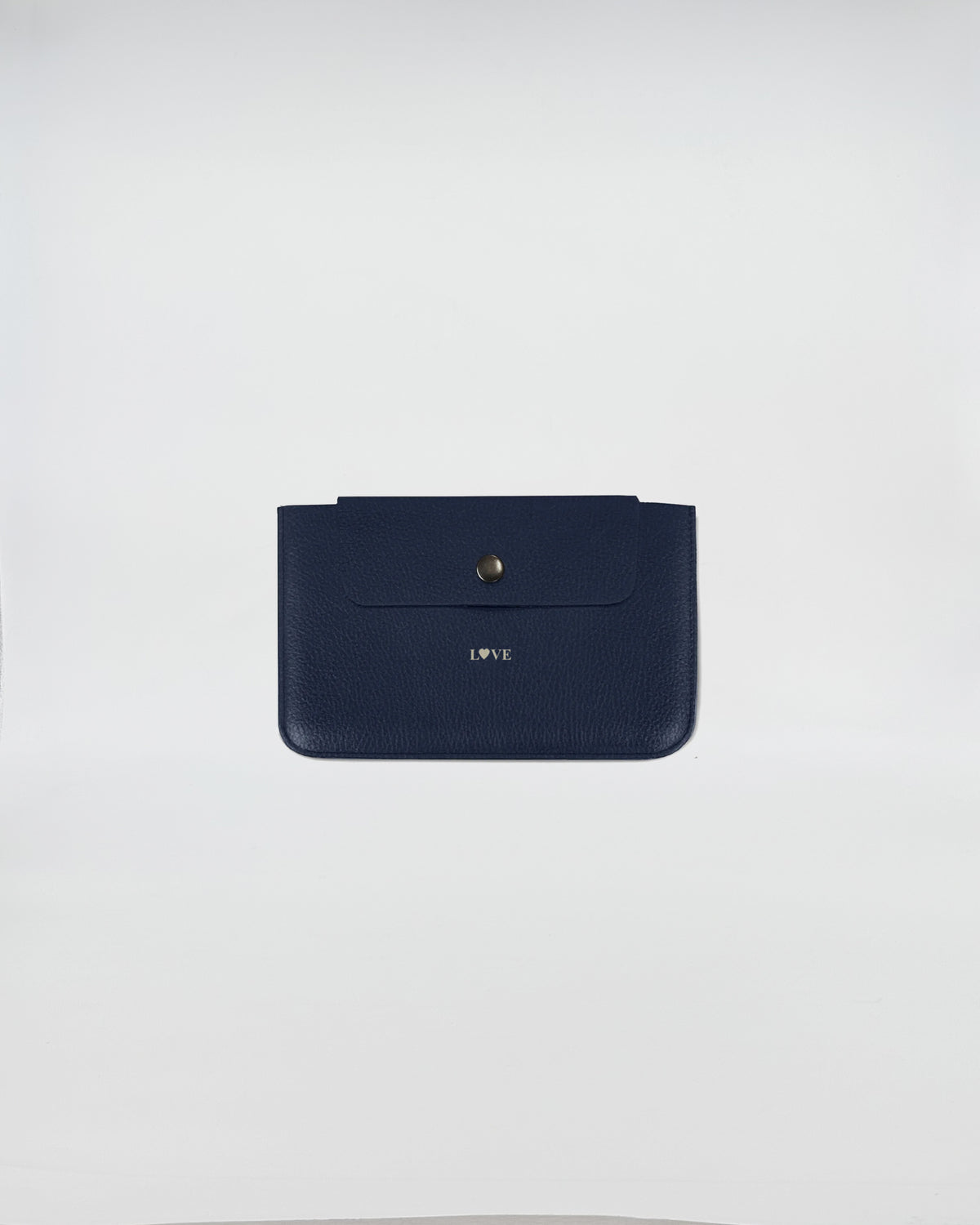 PORTA DOCUMENTI LOVE in navy blue leather with embossed 'LOVE' text, elegantly designed for document storage.