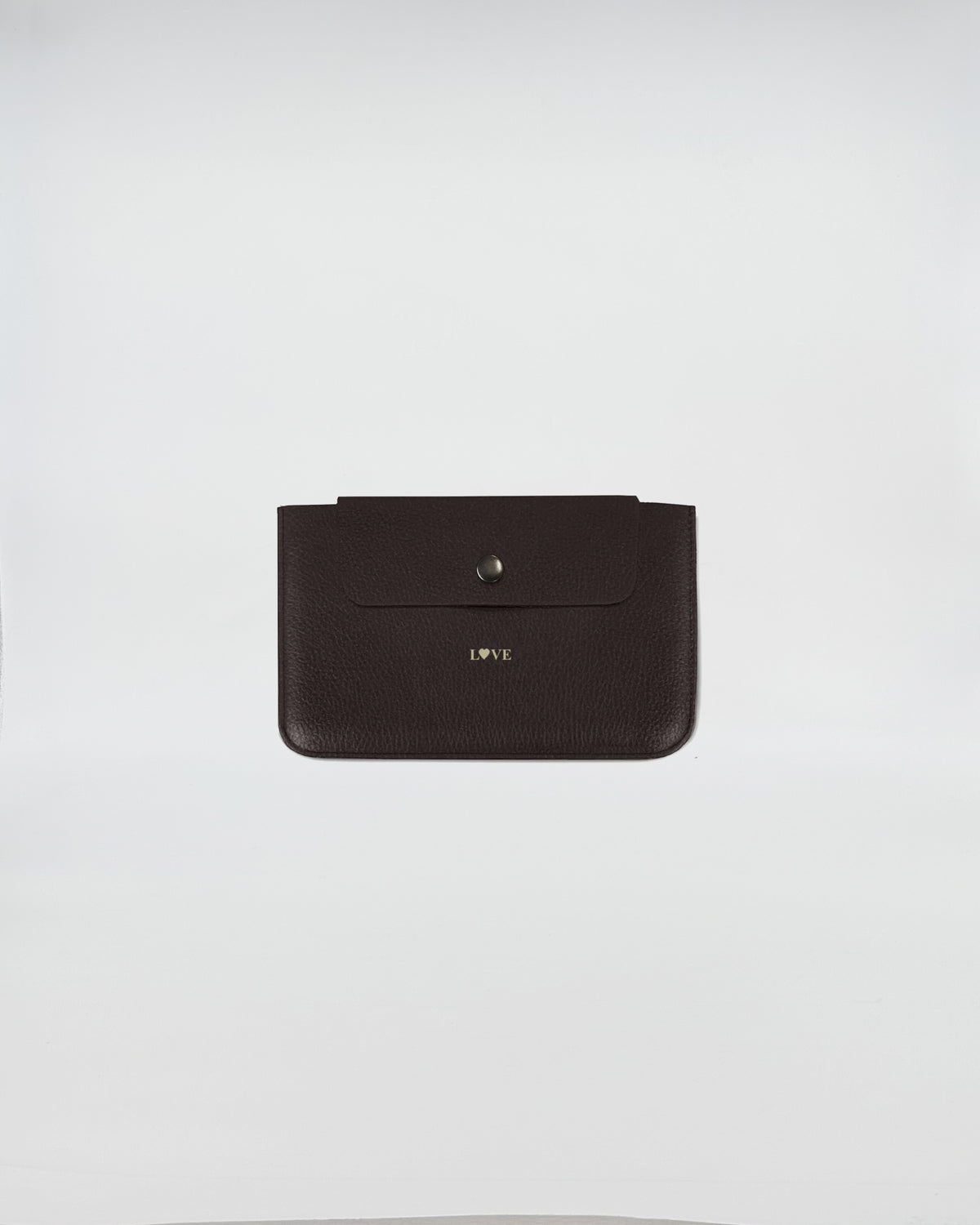 PORTA DOCUMENTI LOVE in elegant black leather, featuring a snap closure and embossed 'LOVE' design.
