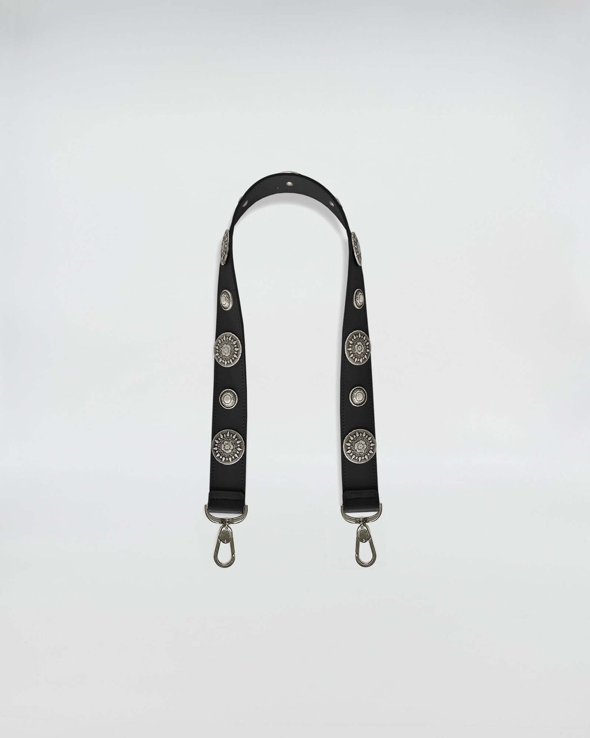 TRACOLLA FISSA IN PELLE ROCK 80 CM in black with decorative silver studs, perfect for cross body and shoulder use.