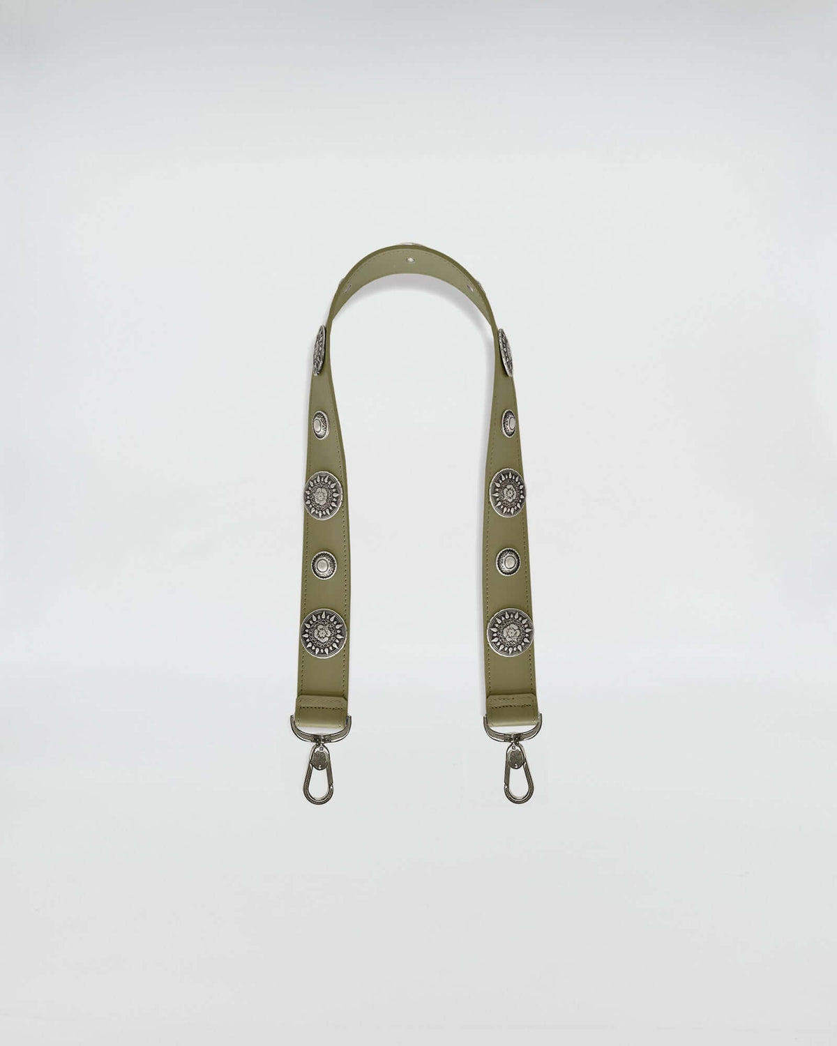 TRACOLLA FISSA IN PELLE ROCK 80 CM in olive green with decorative silver studs for bags.