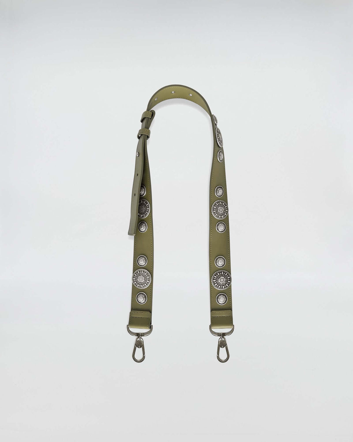 TRACOLLA REGOLABILE IN PELLE ROCK in olive green with decorative studs, ideal for shoulder and cross body use.
