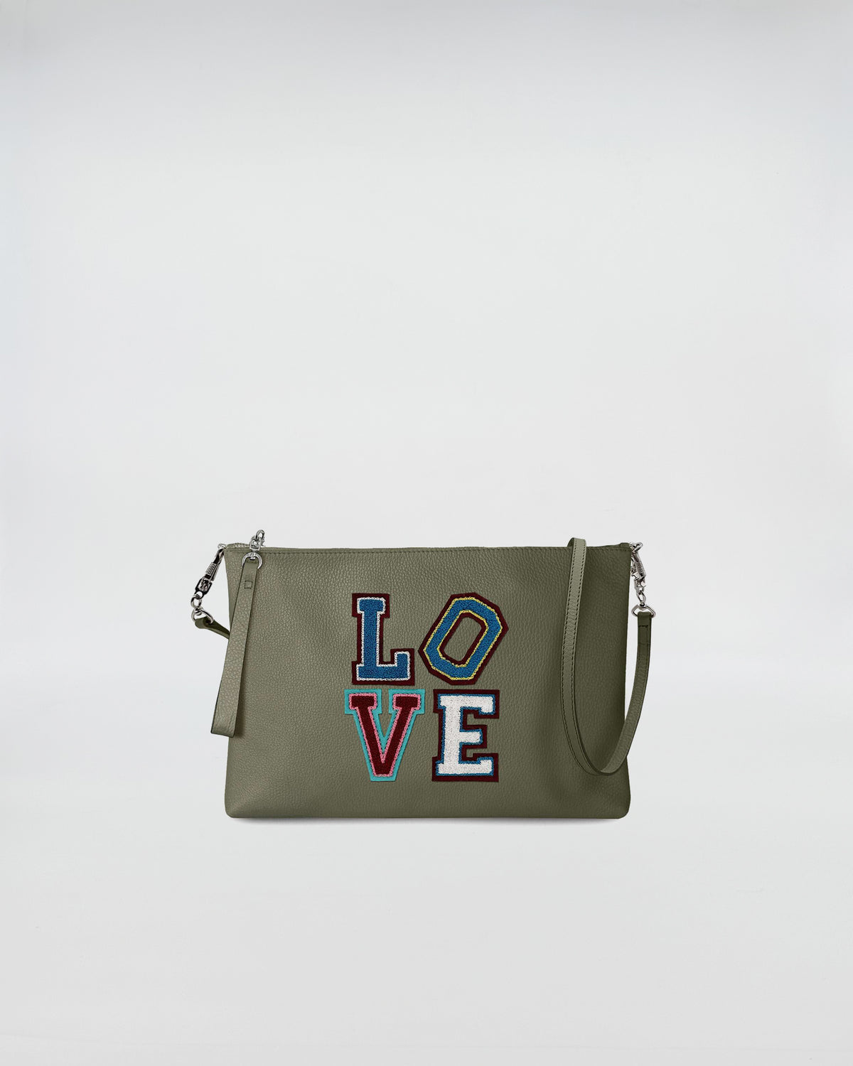 BUSTA A4 CON TRL LOVE in olive green with LOVE patch detail and removable shoulder strap