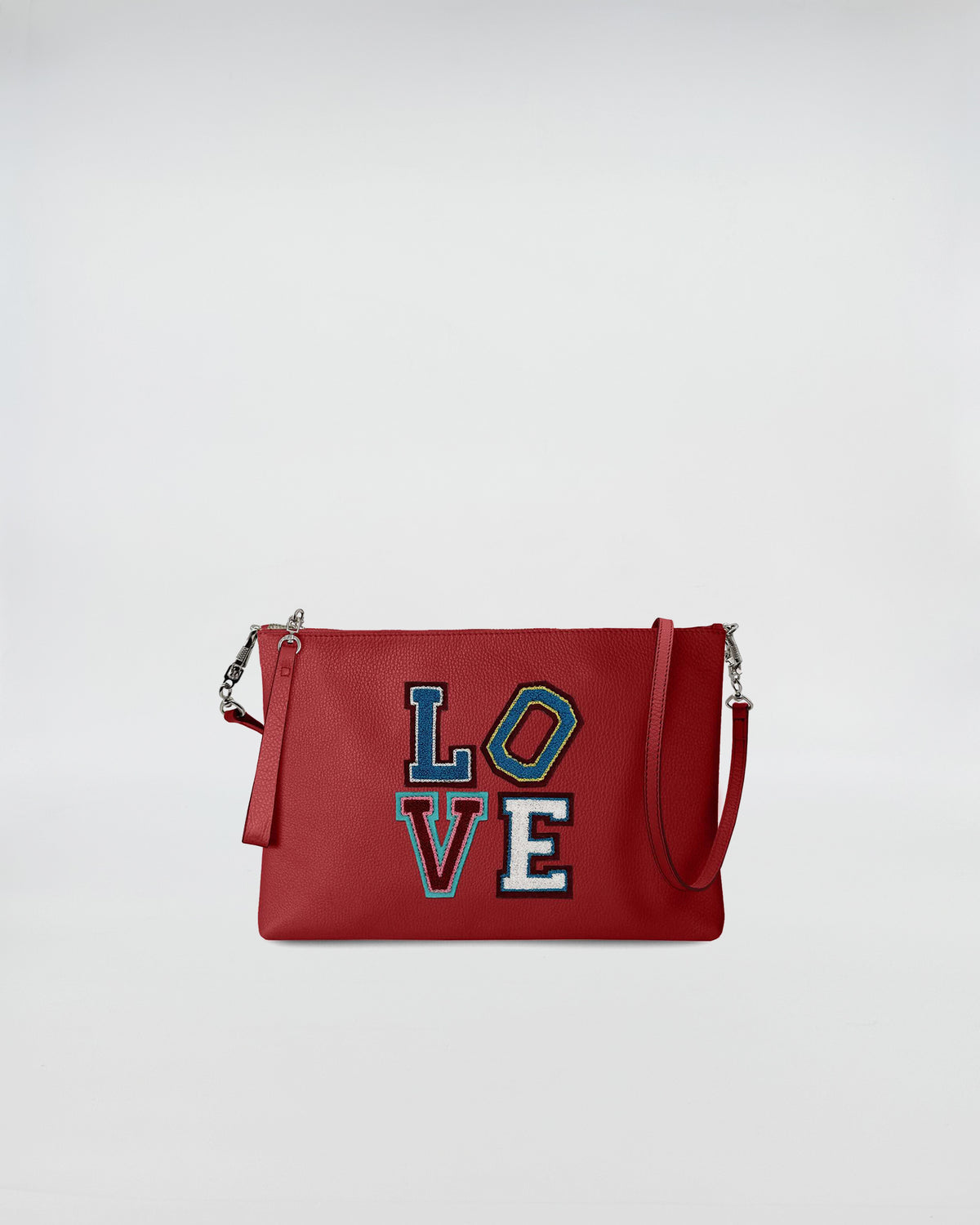 BUSTA A4 CON TRL LOVE in red leather with colorful LOVE patch and removable strap.