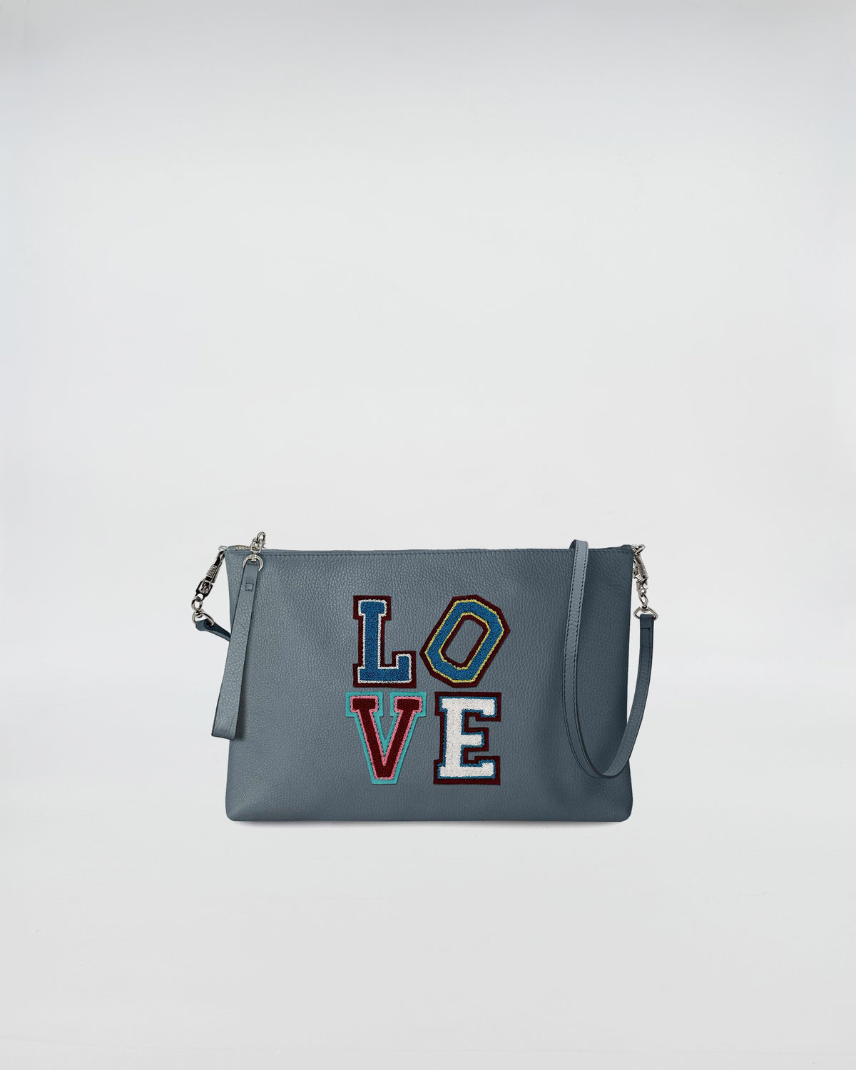 BUSTA A4 CON TRL LOVE in gray with colorful LOVE patch, featuring a removable shoulder strap.