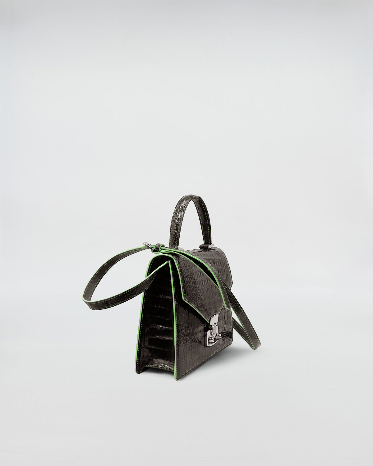 LADY D - COCCO RECYCLE black crocodile leather handbag with green suede lining and removable strap.