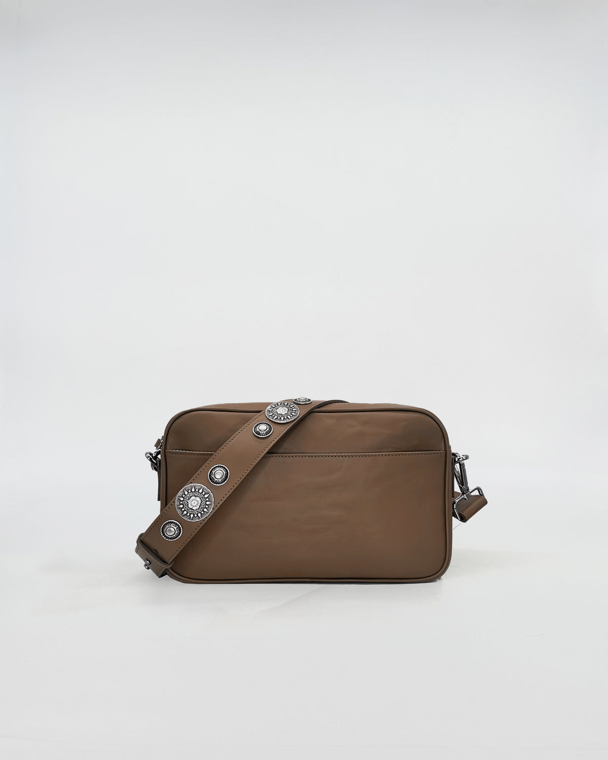 MAFALDONA VITELLO LAVATO ROCK brown leather bag with studded adjustable strap